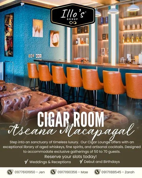 Cigar Room Aseana Macapagal — leather seating and a lit back bar