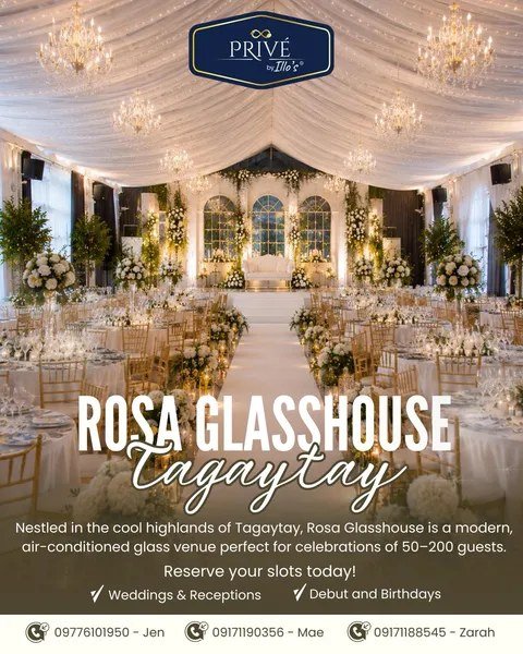 Rosa Glasshouse Tagaytay — draped interior set for a wedding reception