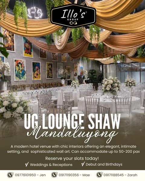 UG Lounge Shaw Mandaluyong — draped ceiling and white floral tables
